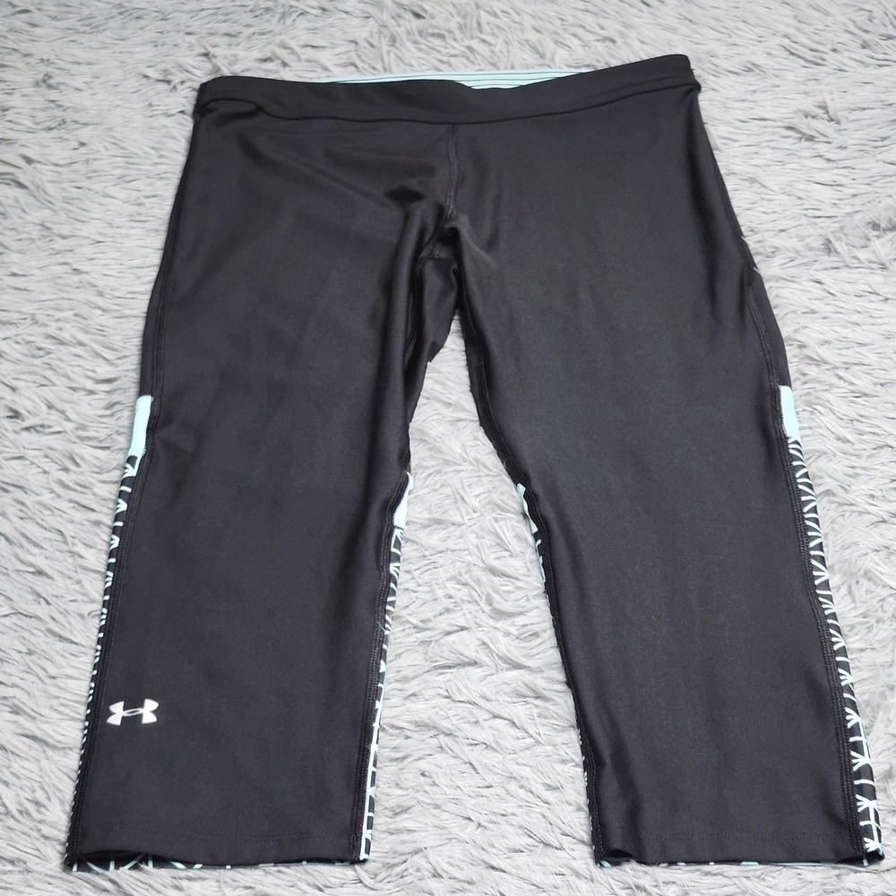 Under Armour Capri Leggings Womens Medium Black Blue HeatGear Athletic Yoga Gym